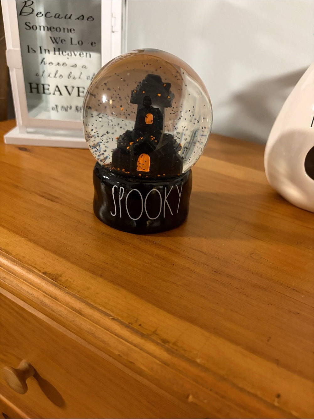 Rae Dunn Black & Orange Spooky Haunted House Snow Globe
